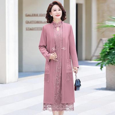 Autumn Maternity Two-Piece Wedding Banquet Dress Set for Middle-Aged and Elderly - Solid Color, Formal Wear, Mid-Length Skirt.