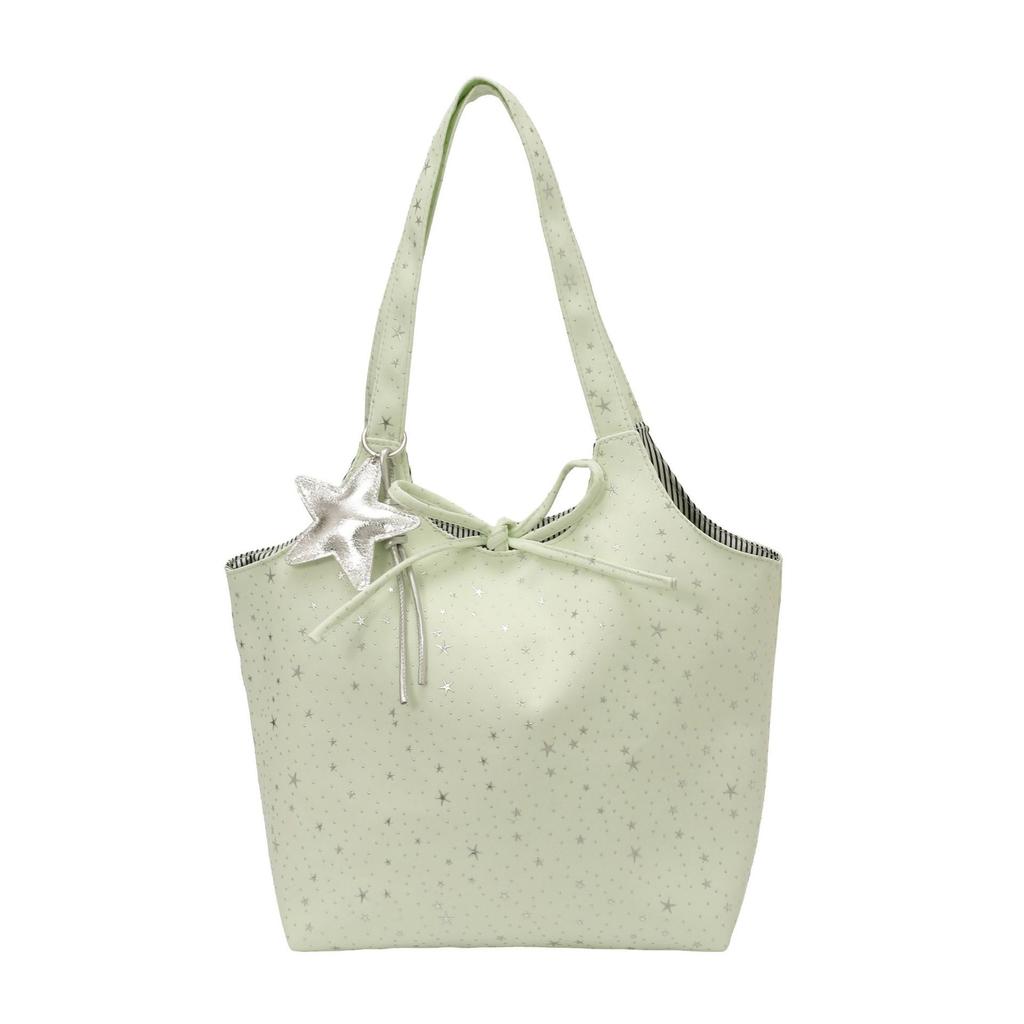Multi Color Star Glitter Print Canvas Tote Bag For Women Sweet Style Shoulder Bag With Star Charm Bow Knot For Daily School
