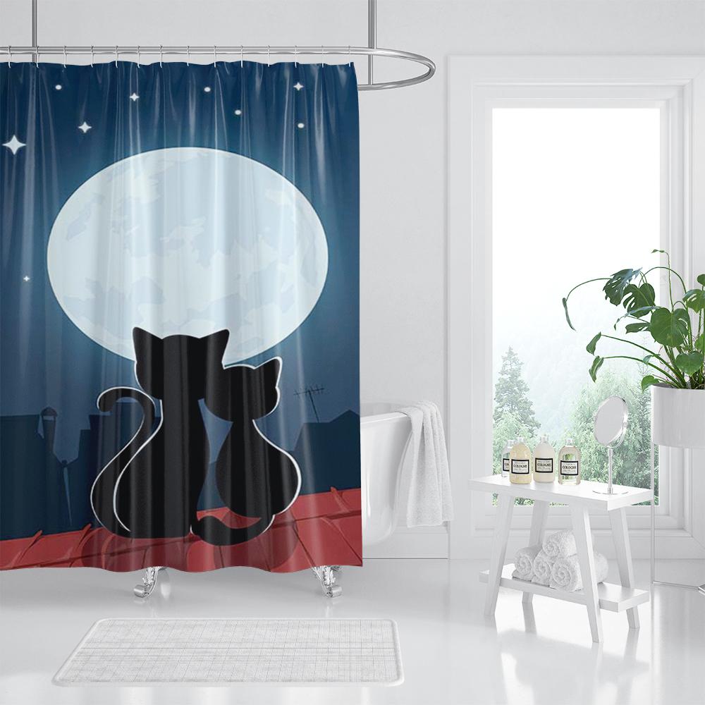 Three Funny Naughty Black Cat Shower Curtain Scratching The Wall with His Paws Fabric Bathroom Decor Set Hooks White and Black
