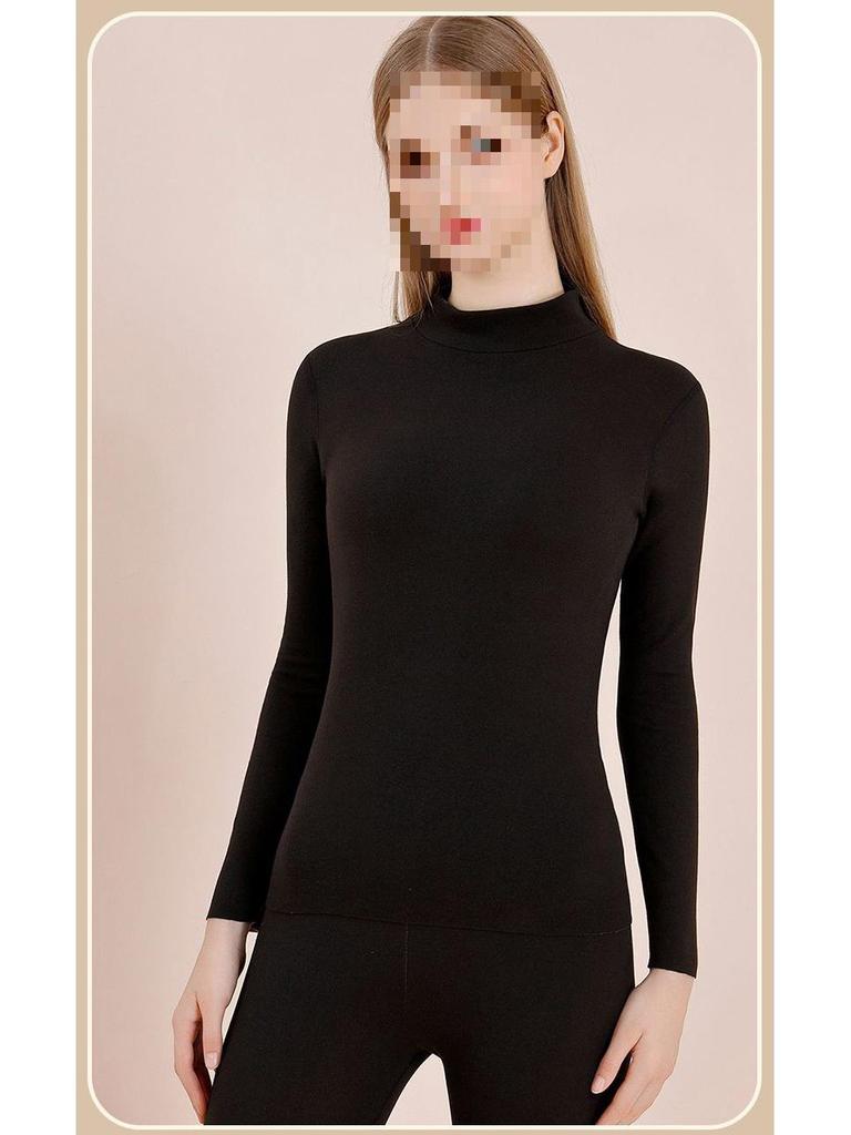 Women's Fleece-Lined Thermal Underwear Set - Semi-High Neck, Thick Base Layer for Autumn & Winter