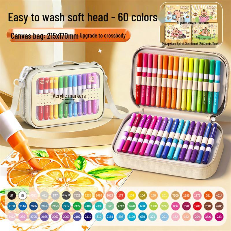 Large Capacity Washable Acrylic Marker Set with Soft Tip and Paint Brushes for Kids' Art Class