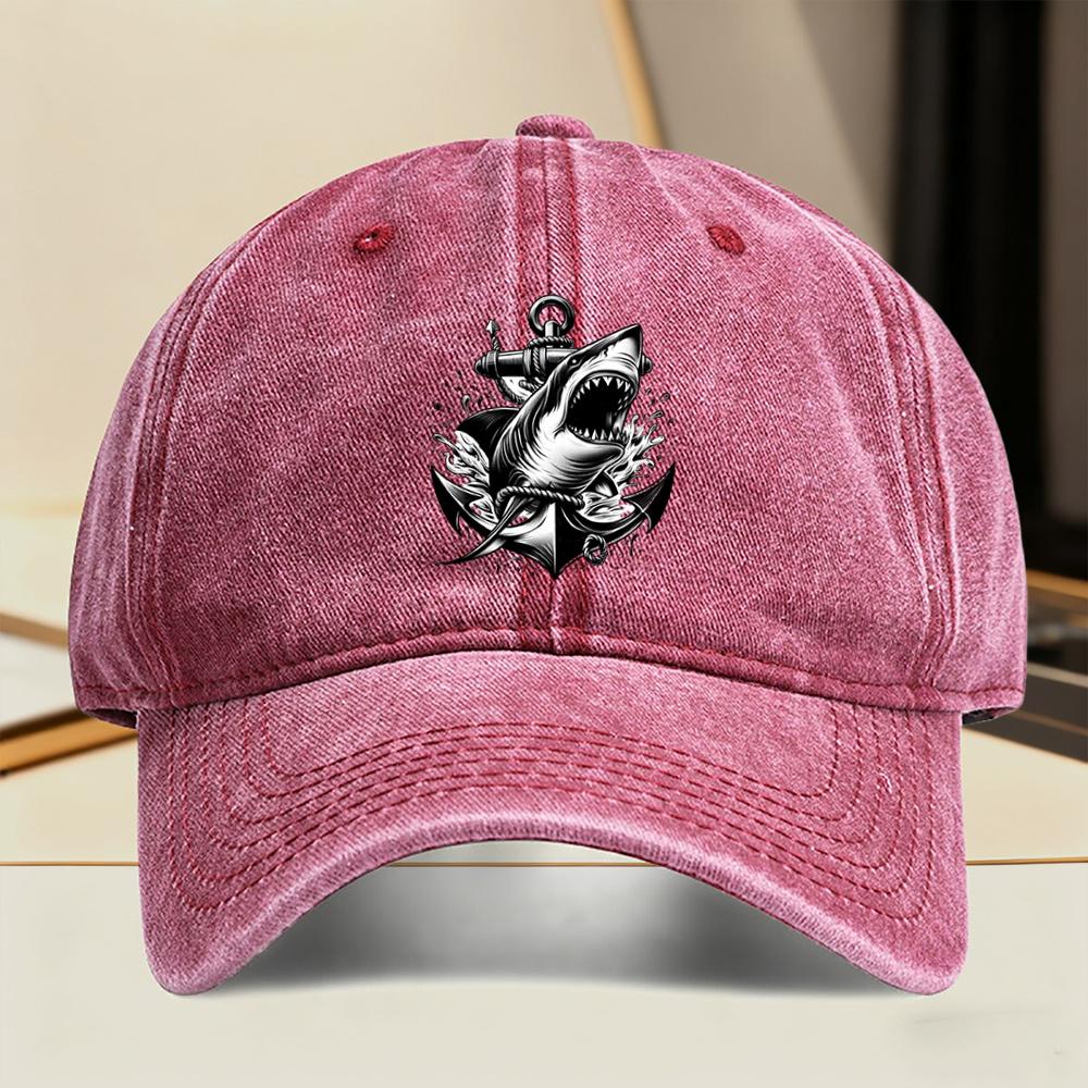 Shark Anchor Print Baseball Cap Vintage Washed Adjustable Snapback Hat Streetwear for Men Women
