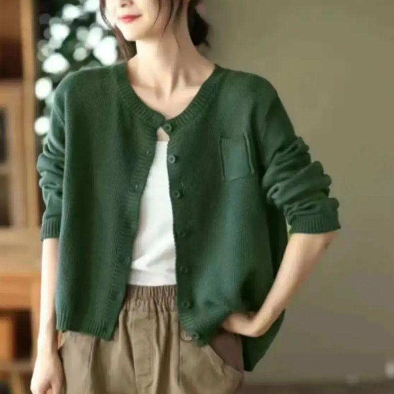 

Early Autumn Women s Sweater Retro Knitted Cardigan Long Sleeved Jacket Fashionable Casual Outfit 3XL темно-зелений колір
