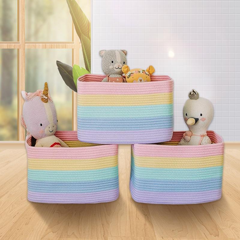 Regenbogen-Baumwollseil Geflochtener Großer Aufbewahrungskorb für Wäsche, Spielzeug und Verschiedenes