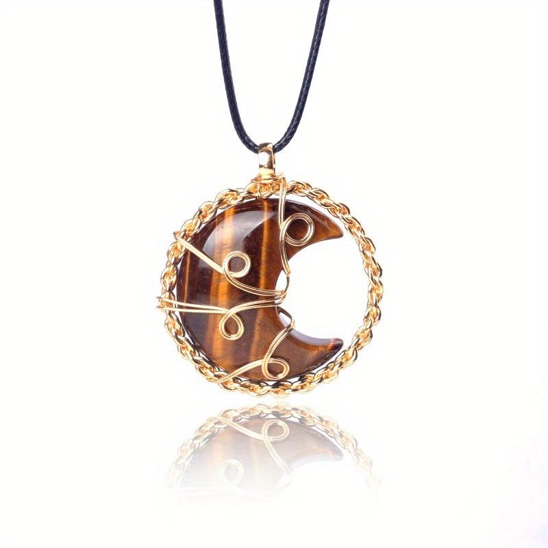 

Natural Stone Wrapped Copper Wire Moon Pendant Crystal Rose Quartz Tiger Eye Amethysts Opal Women Necklace DIY Jewelry Accessory