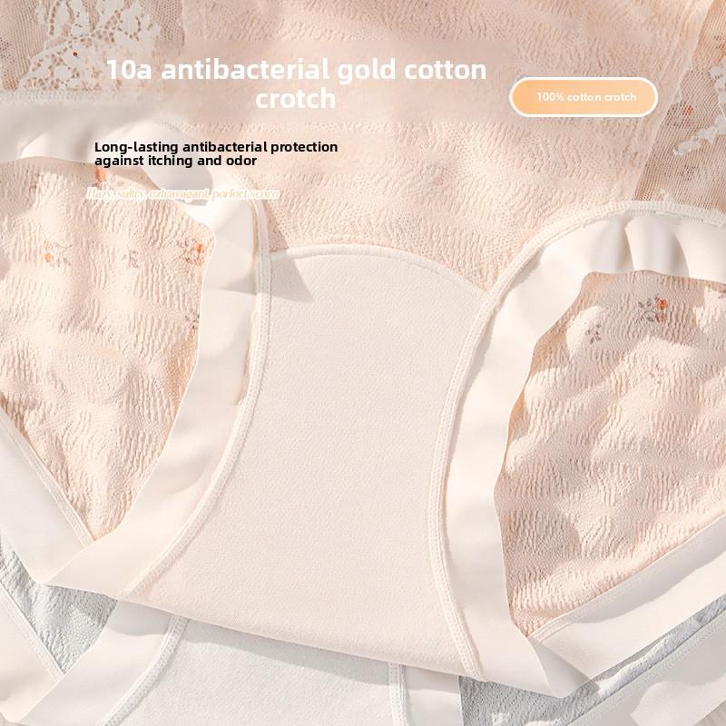 Plus Size Women's Summer Printed Lace Cotton 10A Antibacterial Long Crotch High Waist Briefs