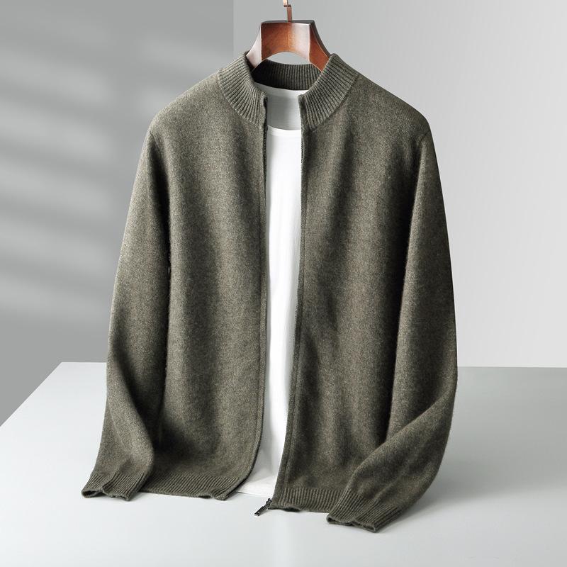 100% Merino Wool Men's Warm Sweater Mock Collar Thickened Zippered Cardigan Autumn Winter New Cashmere Knitted Long Sleeve Tops