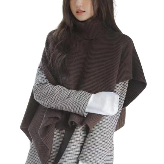 

Cloak Scarf Women Solid Color Irregular Cut Cape Thickened Warm Knit Turtleneck Sweater Irregular Design Shawl Wrap кавовий