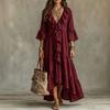 Women's Retro Color V-Neck Three-Quarter Bell Sleeve Ruffle Trim Loose Fit Dress