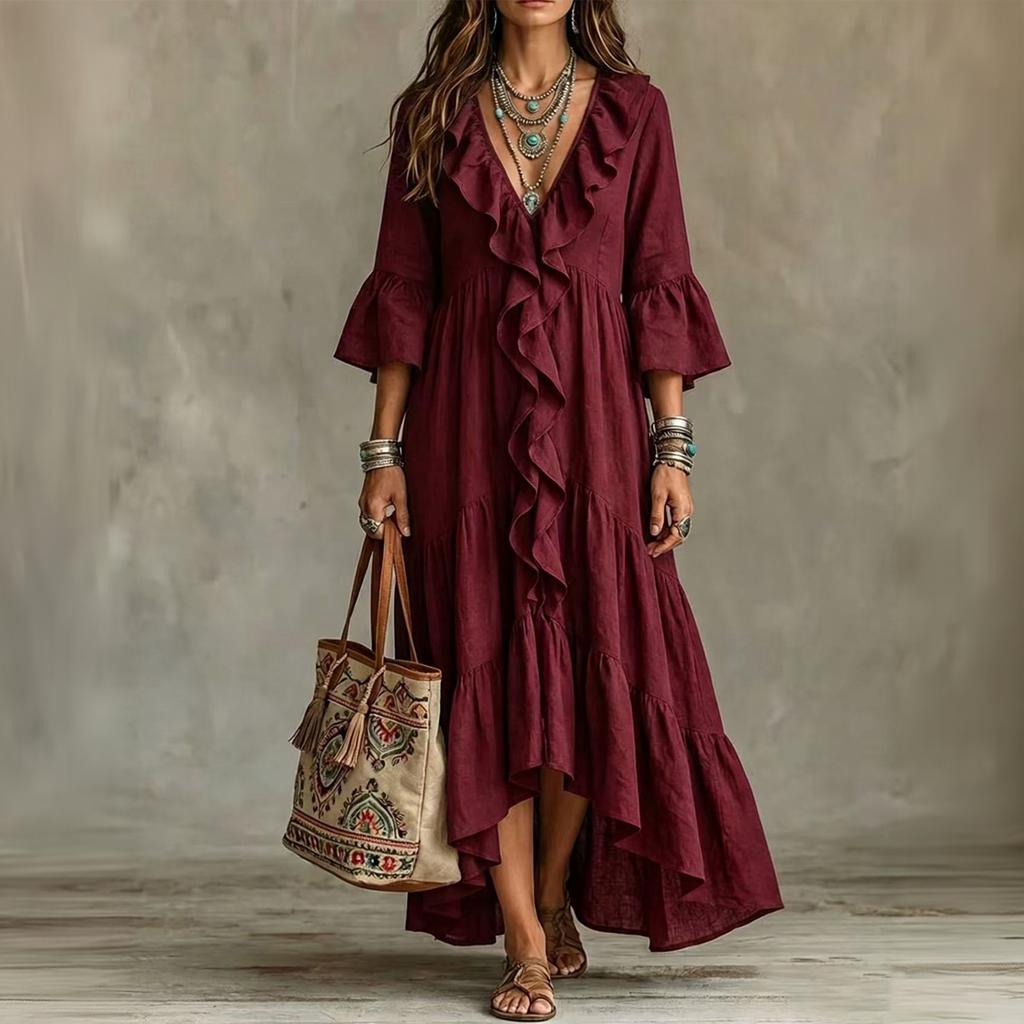 Women's Retro Color V-Neck Three-Quarter Bell Sleeve Ruffle Trim Loose Fit Dress