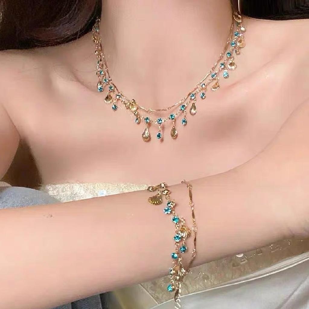 Gold Color Chain Shell Necklace Blue Tear Crystal Choker Necklace Bracelet For Women Summer Wedding Party Jewelry