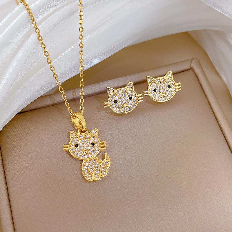 Stainless Steel Chain Gold Color Kitty Kitten with Zircon Pendant Necklaces for Women Girls Cartoon Cute Jewelry Gifts