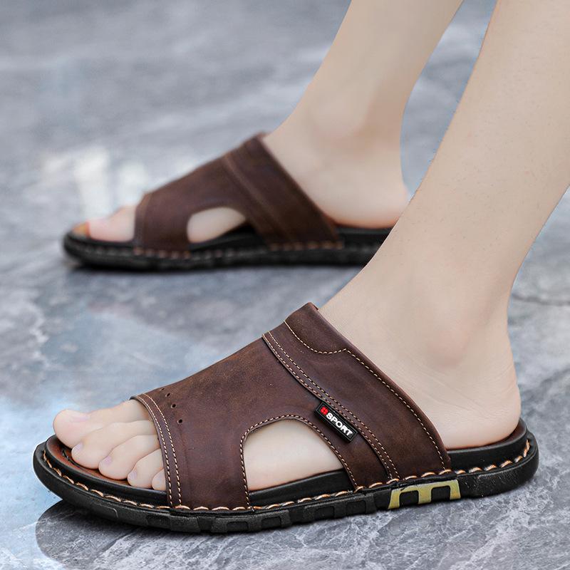 Fashion Luxury Men's Leather Slippers 2025 Summer New Beach Slippers Fashion Outdoor Casual Flat Slippers for Men Large-size Beach Shoes
