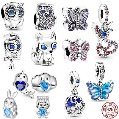 Fit Original  Bracelet Bangle Sparkling Blue-Eyed Owl Fox Butterfly Dangle Charm Beads S925 Sterling Silver Women Jewelry