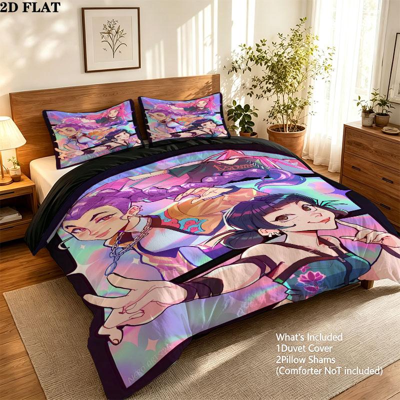 Kpop Dämonenjäger Muster Bettwäsche Steppdecke Set Bettbezug Kissenbezug Zuhause Geburtstagsgeschenk(1 Bettbezug + 2 Kissenbezüge, ohne Füllung)
