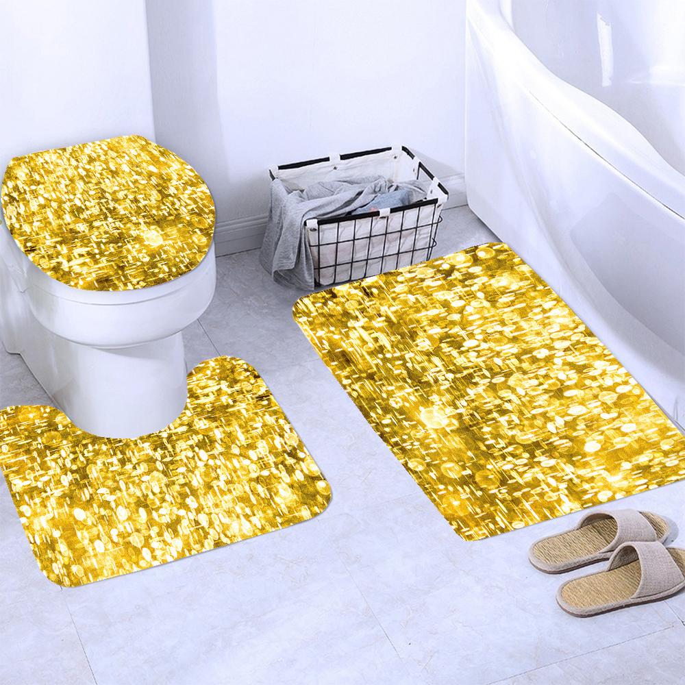 Sparkling Golden Red Shower Curtain Set with Non-Slip Rugs Toilet Lid Cover and Bath Mat Glitter Shower Curtain Bathroom Decor