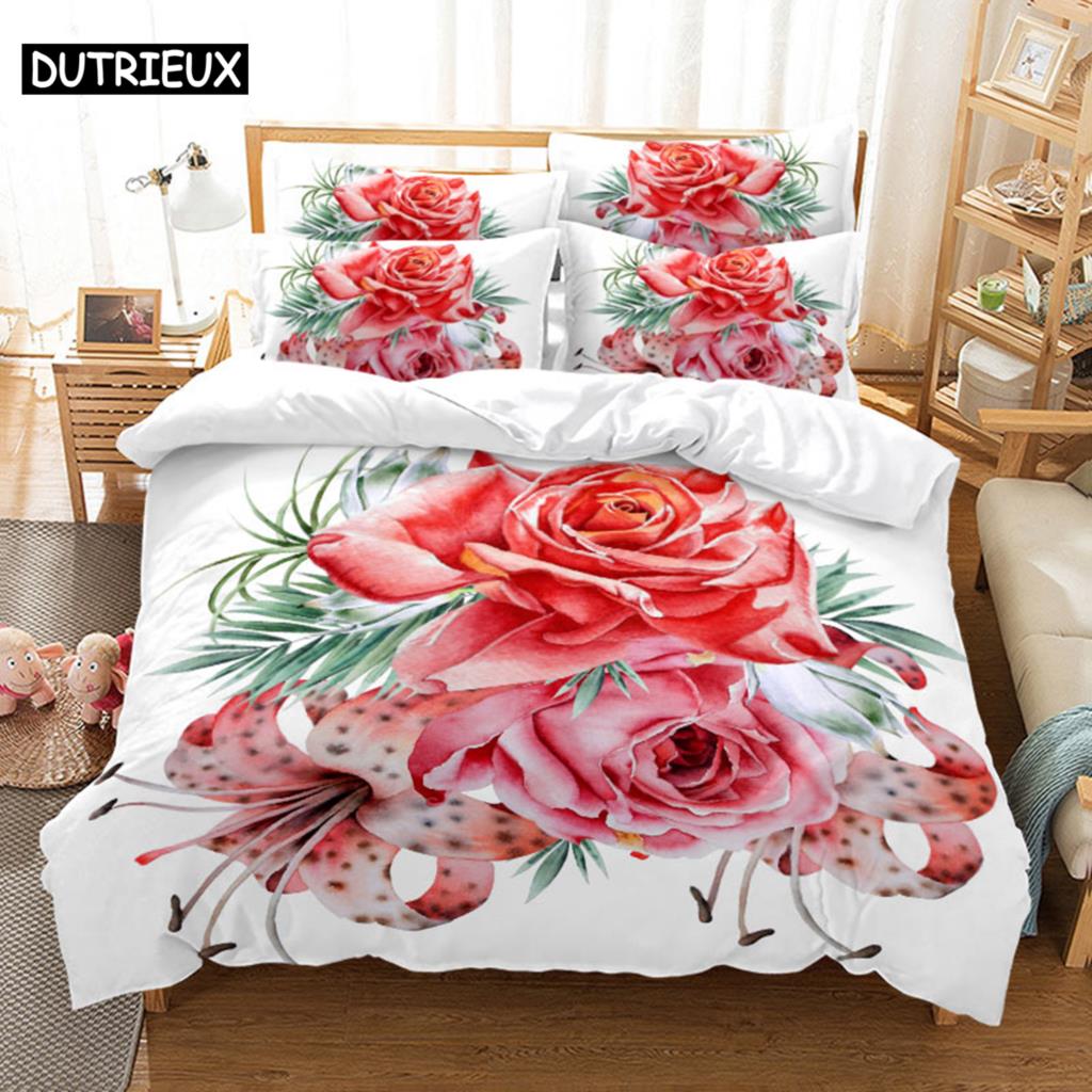 Pink Rose Bedding Set Linens Quilt Duvet Cover Comforter 3D Pillow Case Double Full King Queen Twin Single 3Pcs 2Pcs Home Texile
