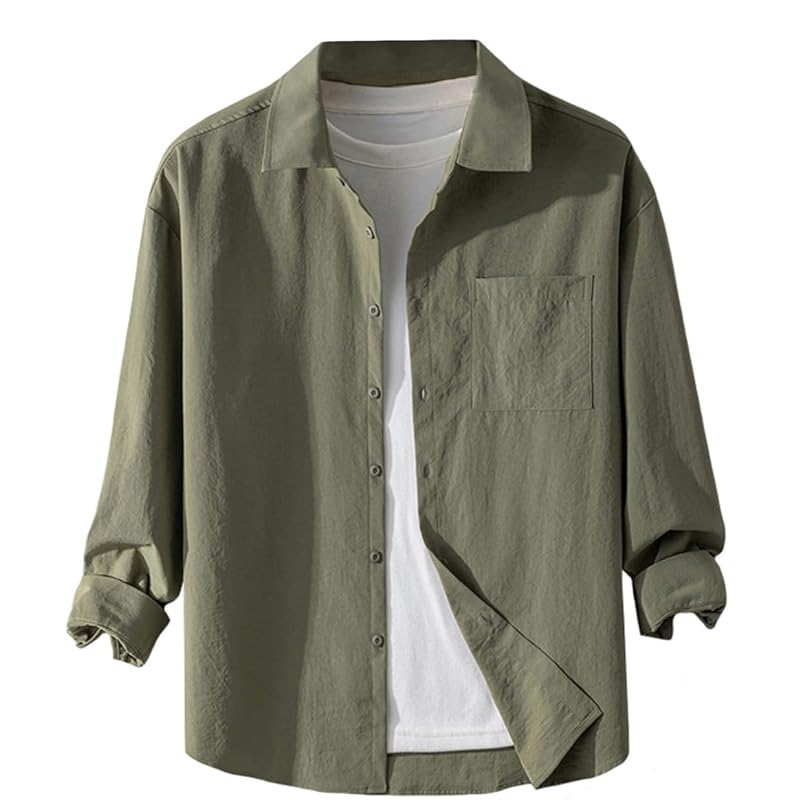 

[ODFMCE] men s shirt long sleeve spring Relaxing Plain color Fashionable casual large size (JP, alphabet, L, green)