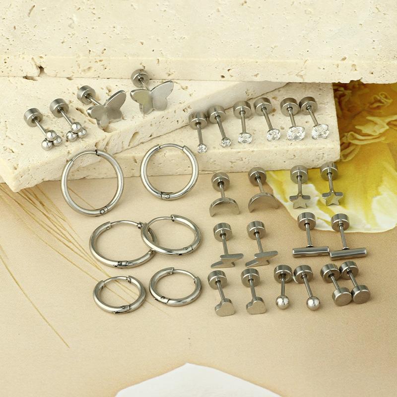 Stainless steel fashionable stud earrings - simple zirconia ear hoop set of earrings