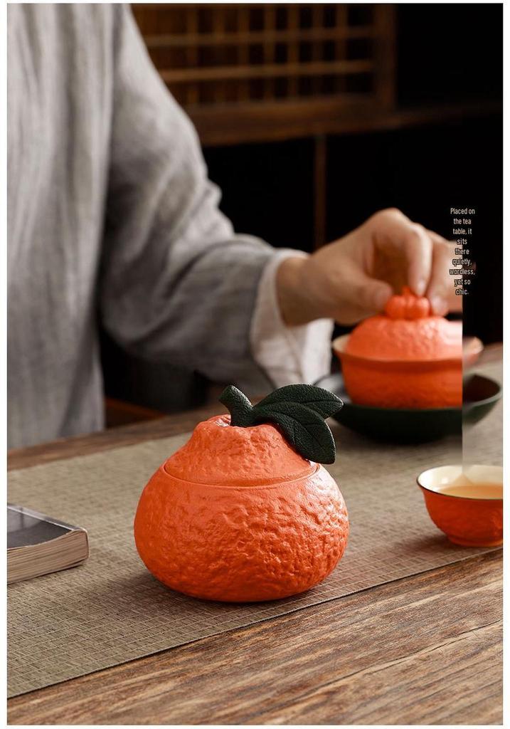 Orange Ceramic Tea Jar - Sealed Pu'er Storage & Moisture-Proof Snack Container