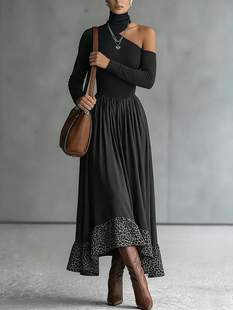 2026 European and American Women's Patchwork Slim High Collar Elegant Long Dress