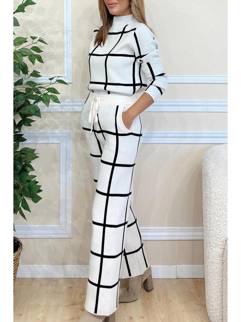 2024 Fall/Winter Women's Solid Color Plaid High Neck Long Sleeve Top & Long Pants Set