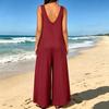 Women's Sleeveless Jumpsuit Wide Leg Pocket Romper V Neck Casual Loose Fit One Piece Outfit