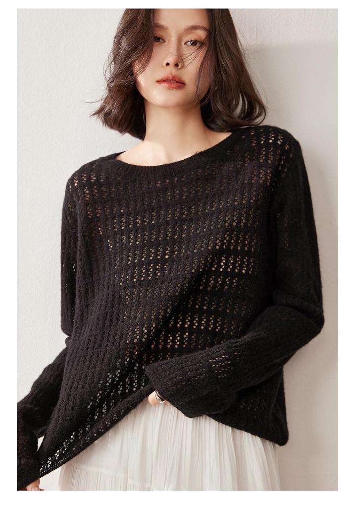 Lekasha Women's Summer Cashmere Hollow Knitwear: Long Sleeve Loose Casual Cover-Up