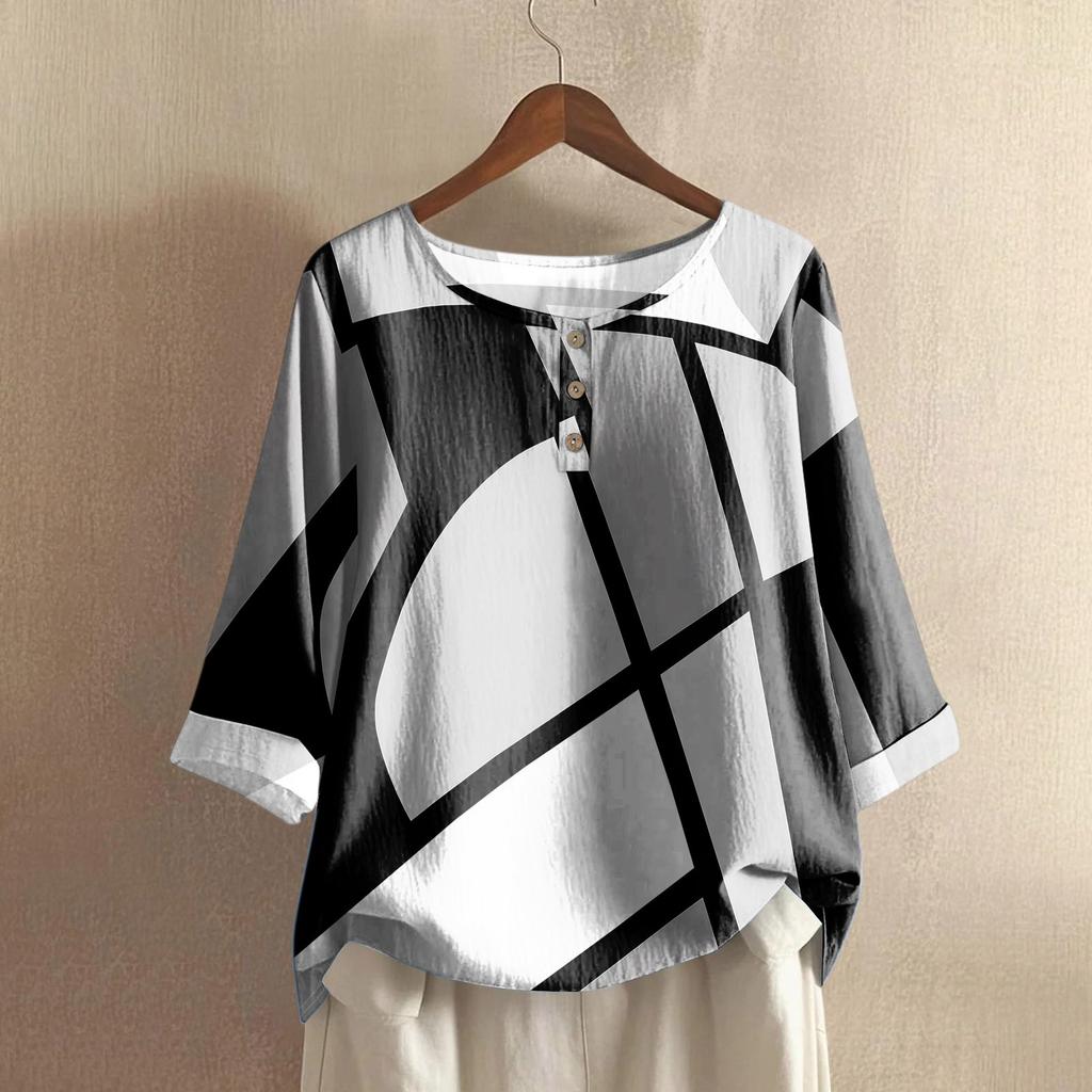 Damen Casual Dreiviertelarm Rundhals Farbverlauf Bedrucktes Baumwoll- und Leinenoberteil