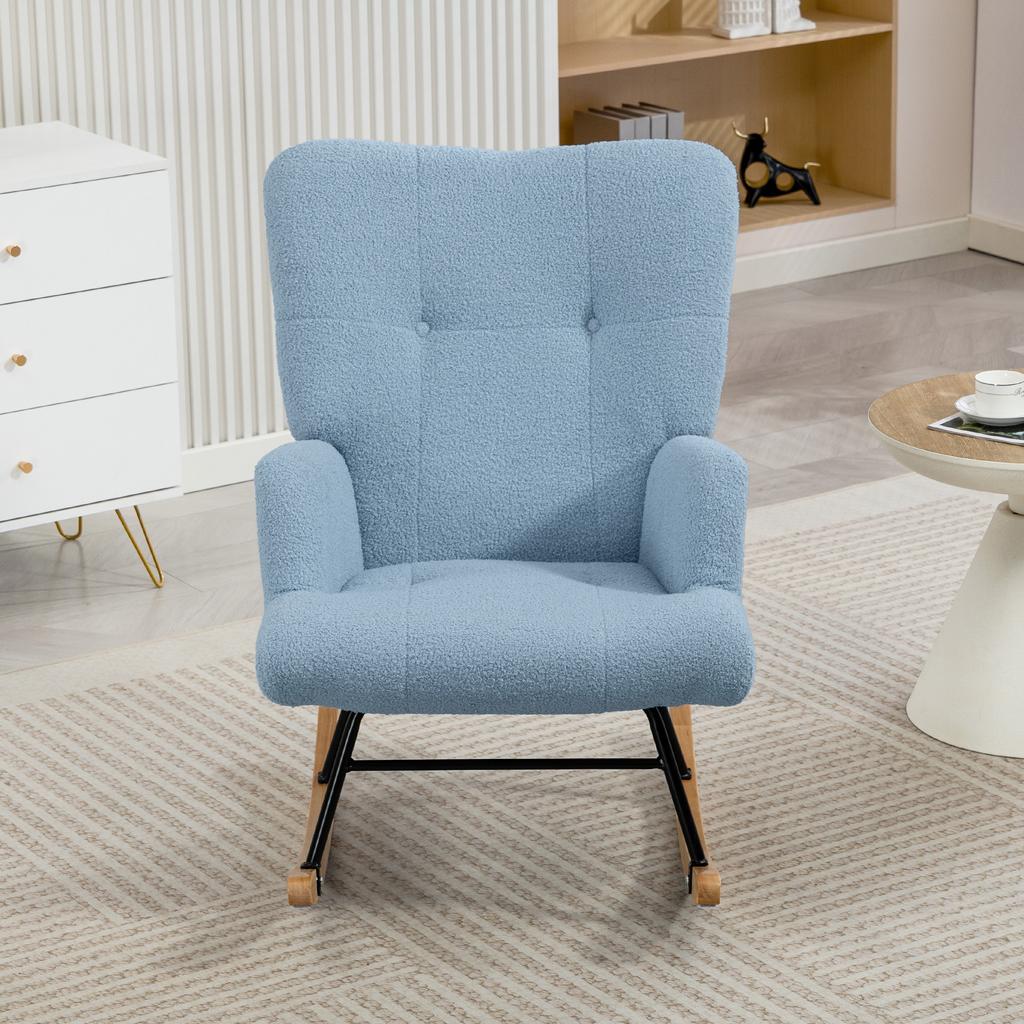 Velvet Teddy Rocking Chair With High Back Rubber Wood Legs Light Blue Armrests