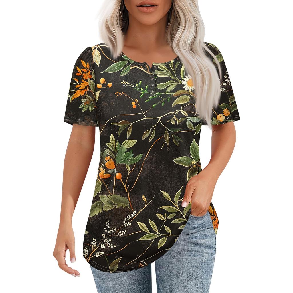 Dámský módní ležérní svetr s kulatým výstřihem a knoflíkem s krátkým rukávem