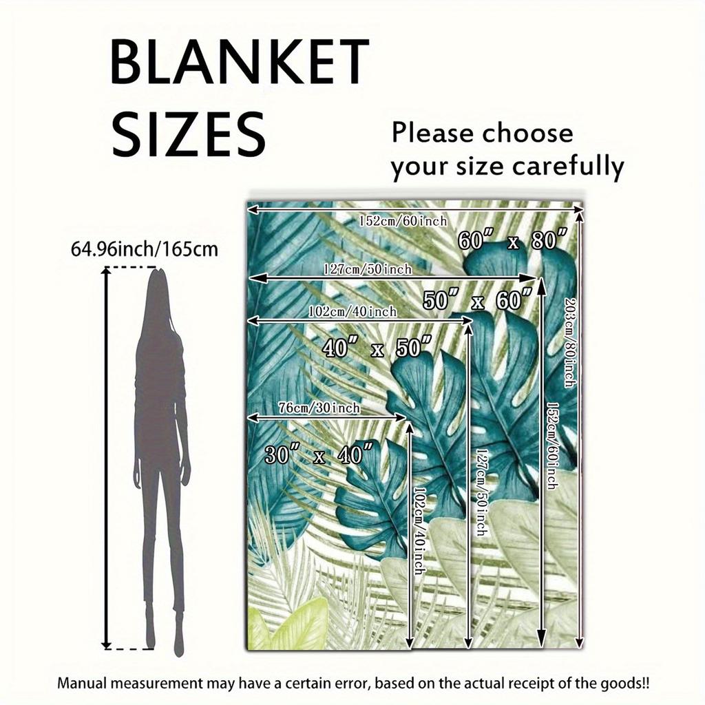 1pc Large Green Palm Leaf Tropical Jungle Flannel Blanket - Turquoise Green & Golden Monstera Pattern, Heavyweight All-Se