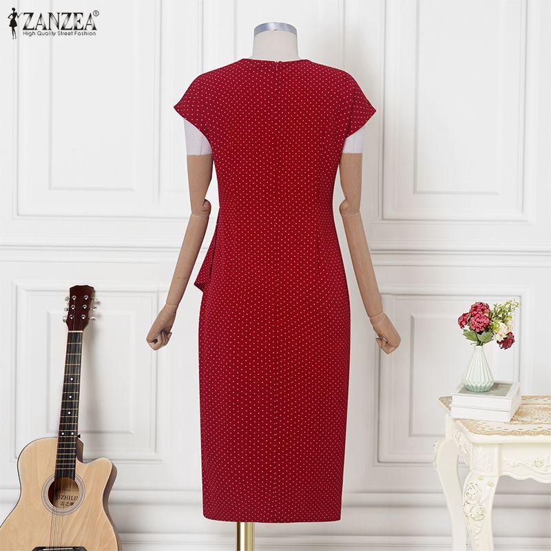 ZANZEA Women Casual Round Neck Short Sleeve Polka Dot Print Sheath Dress