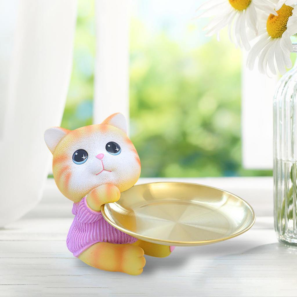 Lucky Cat Statue Jewelry Tray Cute Resin Cat Storage Tray Tabletop Organizer for Home Bookshelf Living Room Cabinet Bedroom
