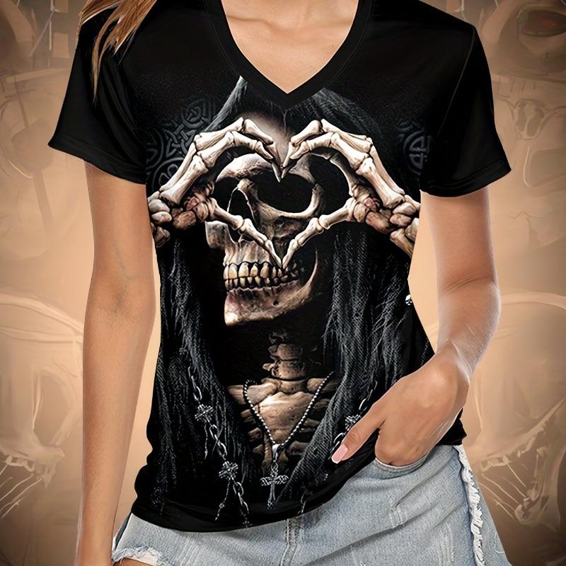 

Halloween punk dark skull pattern printed women s short sleeved t-shirt fashionable V-neck casual daily top S