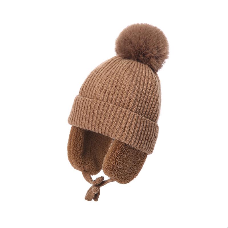 Winter Baby Knitted Hat With Earflaps Solid Color Pompon Beanie Cap Kids Boy Girl Thick Warm Plush Ear Protection Caps