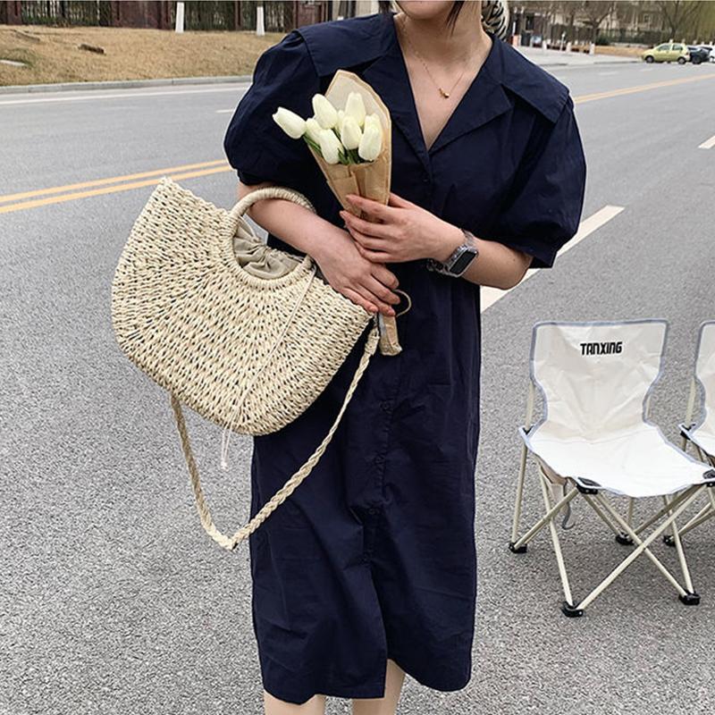 Straw Woven Handbags for Women Handmade Travel Seaside Beach Bag Summer Handle Bucket Bag Tote Bag Basket Bolsa