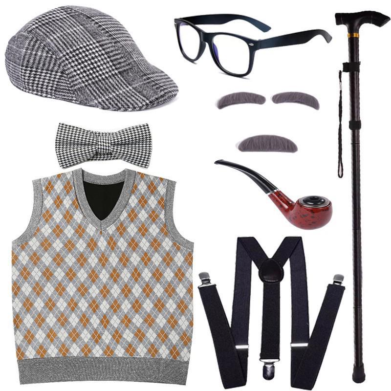 Children's Halloween Grandpa Costume Set with Beard, Scepter, Cigarette Holder, Vest, Bow Tie, and Dress Props for Performances.