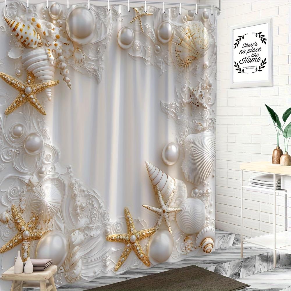 

White Pearl Shell Starfish Shower Curtain Luxury Ocean Art Bathroom Decor Elegant Marine Bath Curtains For Modern Home Interior W60H190(CM)-1 Pcs