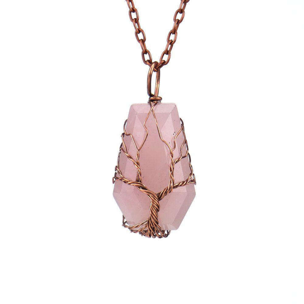 

Handmade Ancient Red Copper Wound Tree Of Life Natural Crystal Stone Octahedron Necklace Fortune Tree Necklace N539 рожевий кварц кольору