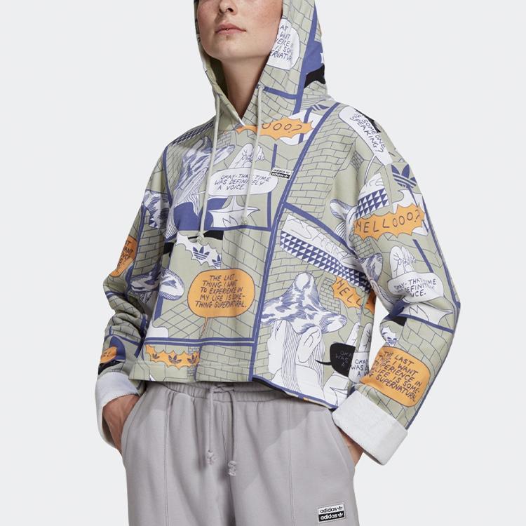 Adidas Originals Trefoil Hoodie Comic Graffiti Short Casual Sports Pullover Sweatshirt Women hoodies Green GN4259
