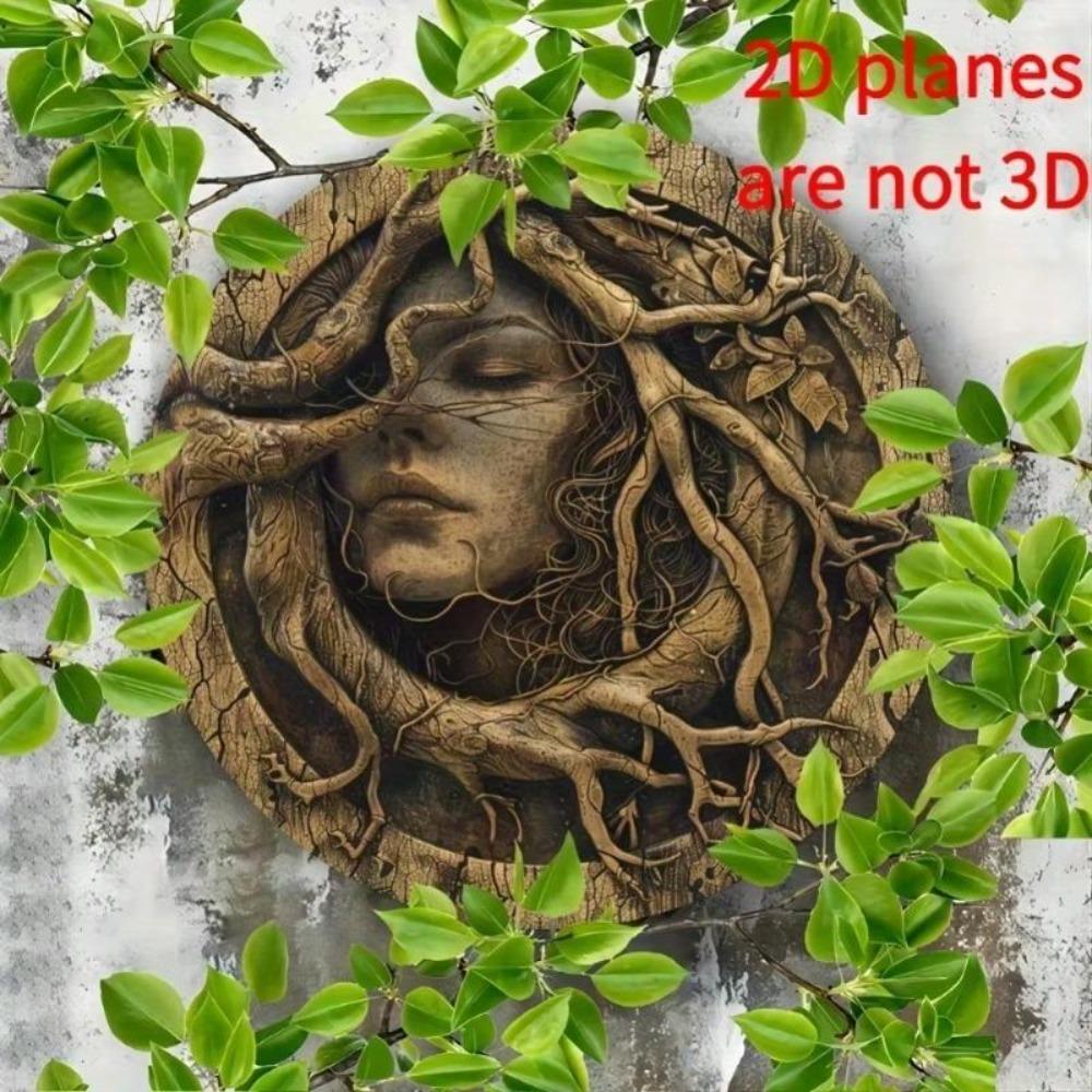 Round Metal Wall Art Tree Spirit Carved Face Home Decor Natural Inspired Calm Design