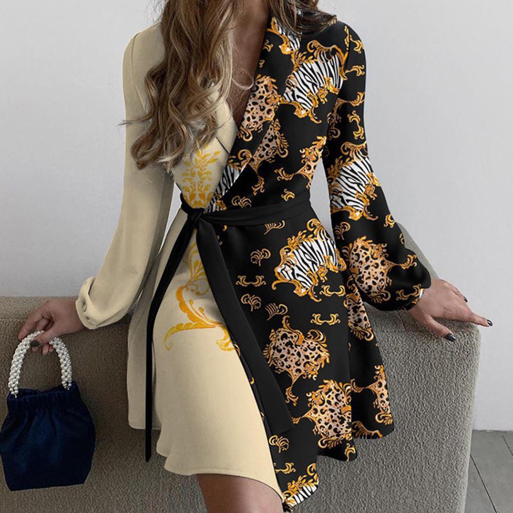 LaAe Up Print Mini Dress Women Fashion V-neck Long Sleeve Dresses for Women OffiAe Elegant A-line Robe Red