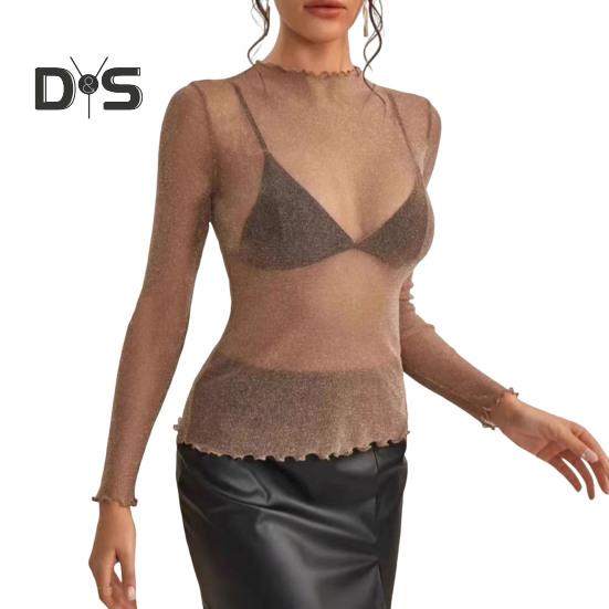 Damen-Oberteile, Spitze, halbhoher Halsausschnitt, lange Ärmel, einfarbig, durchsichtiges Netzgarn