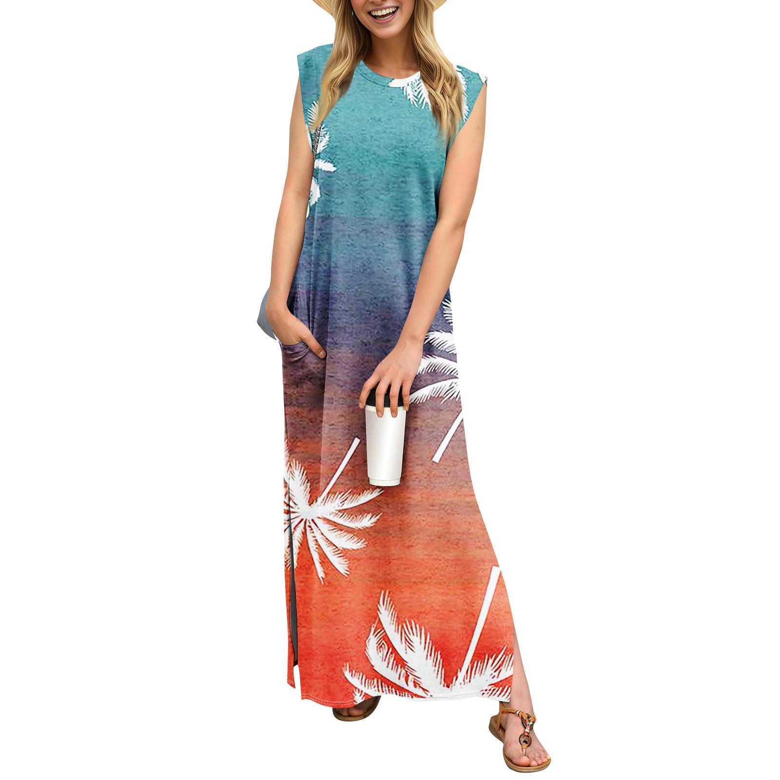 

Летние платья для женщин с круглым вырезом, повседневные свободные, с принтом, без складок, длинное пляжное платье макси с карманами L