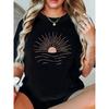Relaxed Atmosphere with Ocean Waves and Morning Light, Line Art Sunrise Print. Black Short-sleeve Round-neck Printed T-shirt - Machine Washable,