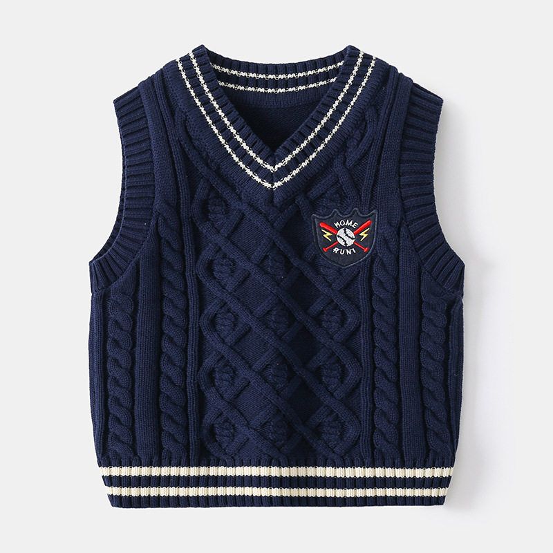 Spring and Autumn Boys  Preppy Style Vest Children s Knitted Pullover Vest Baby Korean Style Sleeveless Sweater Top Navy Embroidered College Style Vest 100
