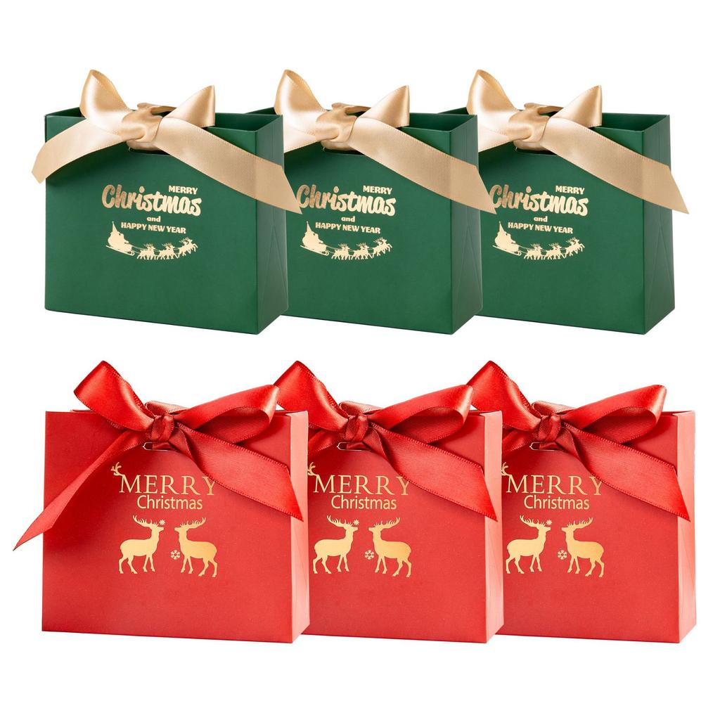 Christmas Gold Stamped Ribbon Bow Gift Box Sugar Paper Bag Present Packaging for Holiday Party Decoration