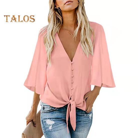 Damska koszula letnia z dekoltem w serek, z rękawem do połowy, zapinana na guziki, wiązana, top, jednolity kolor, luźny krój, styl dojazdowy