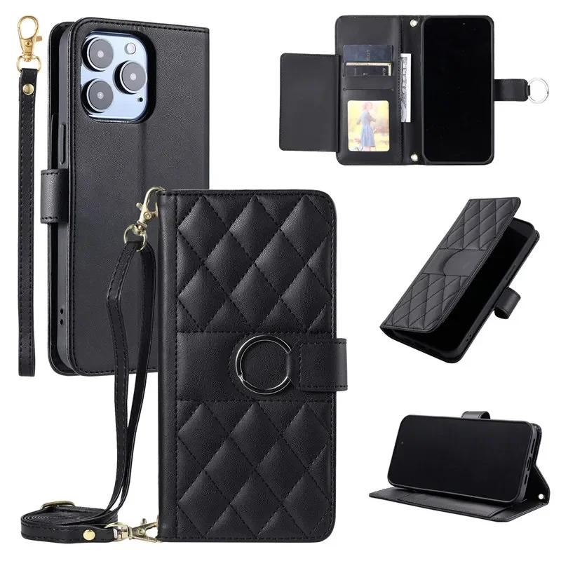 Flip Leather Phone Case for iPhone 17 Air 16 15 Pro Max 16E 14 13 12 11 Pro XS Max XR SE 8 7 Plus Long Lanyard Wallet Card Cover